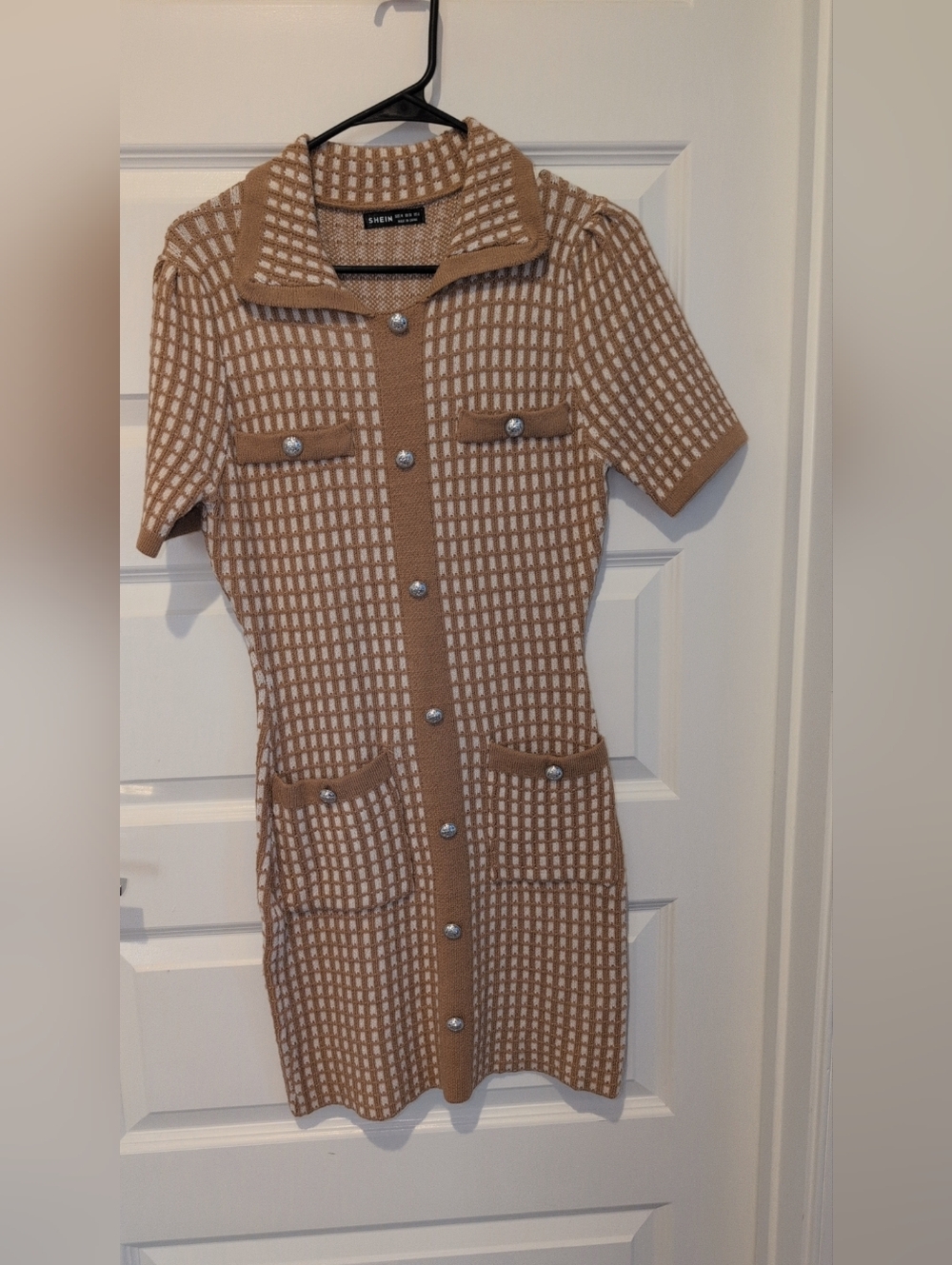 Tweed-Inspired Knit Button-Front Dress in Camel & Cream